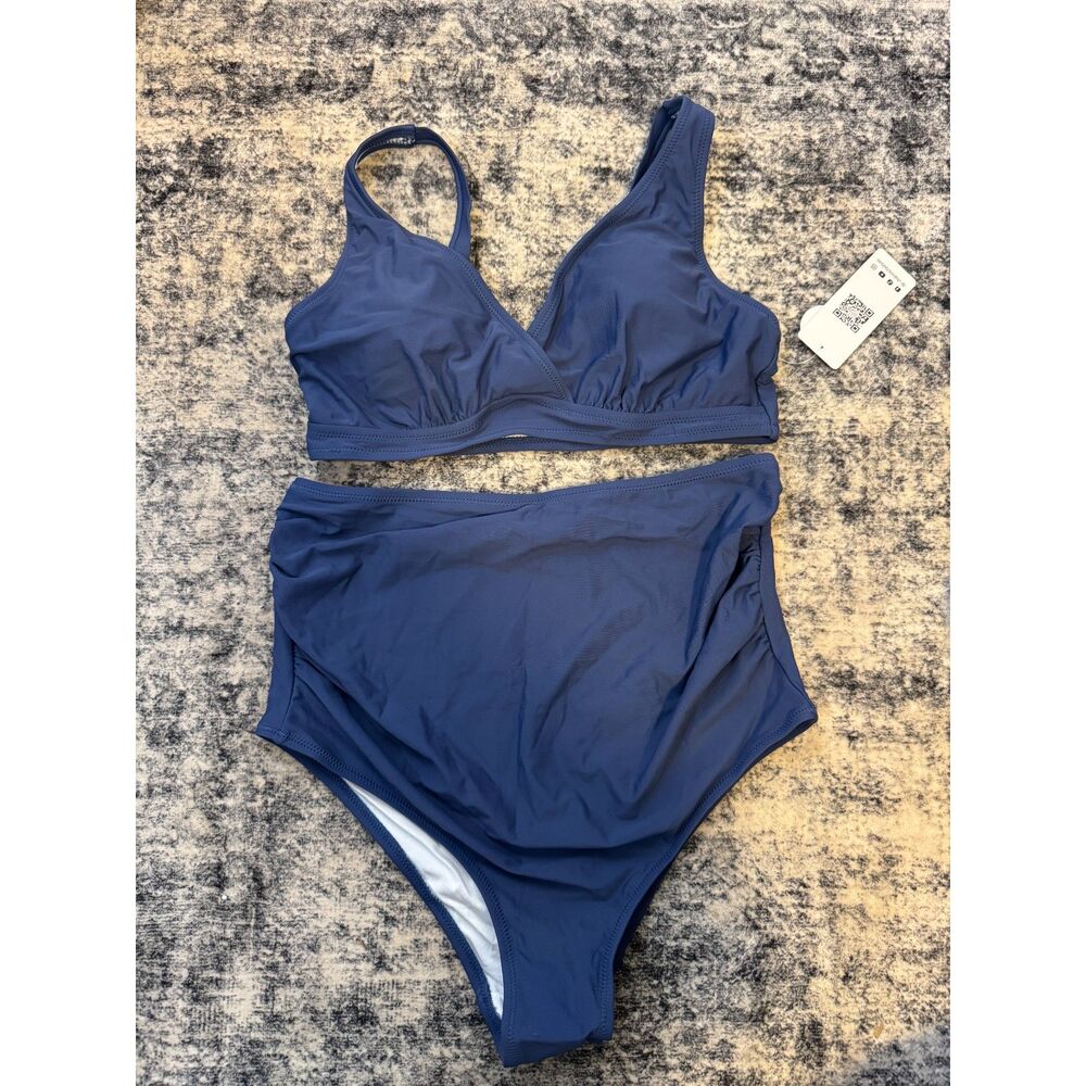 NWT Charmo Navy Blue V Neck Maternity High Waisted Two Piece Swimsuit M